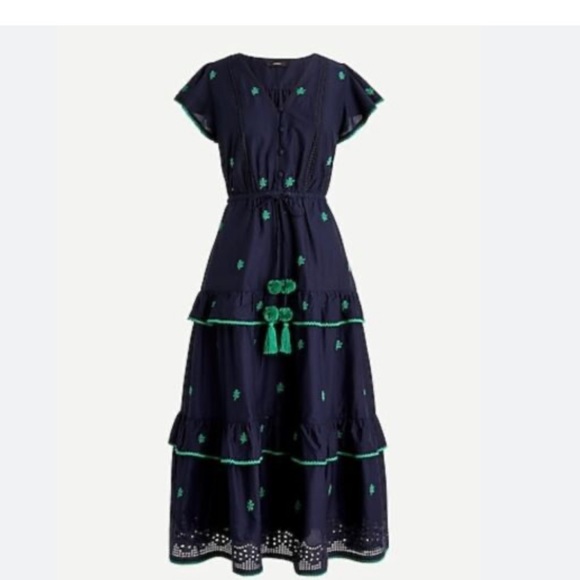 J crew new navy green Pom Pom tiered midi dress cotton eyelet size 6 - Picture 2 of 8